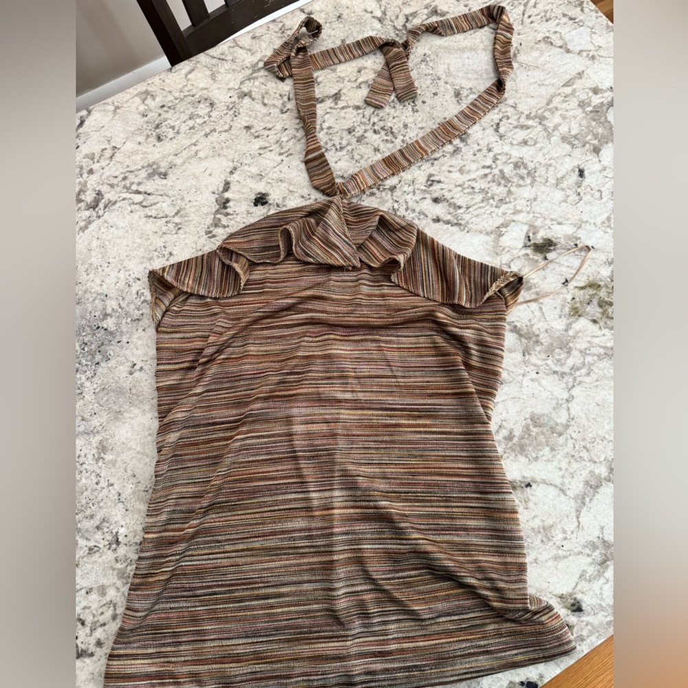 The Limited Striped Halter Ruffle Camisole in Brown and Tan